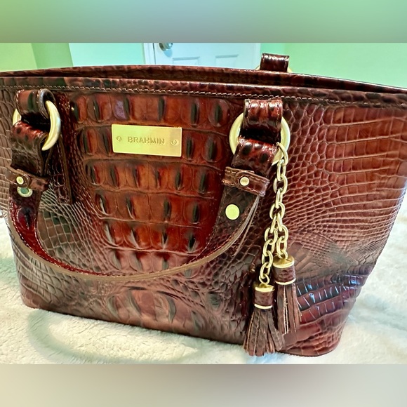 Brahmin Mini Asher Satchel Crossbody Pecan Melbourne Croc Print Embossed Leather - Picture 6 of 10